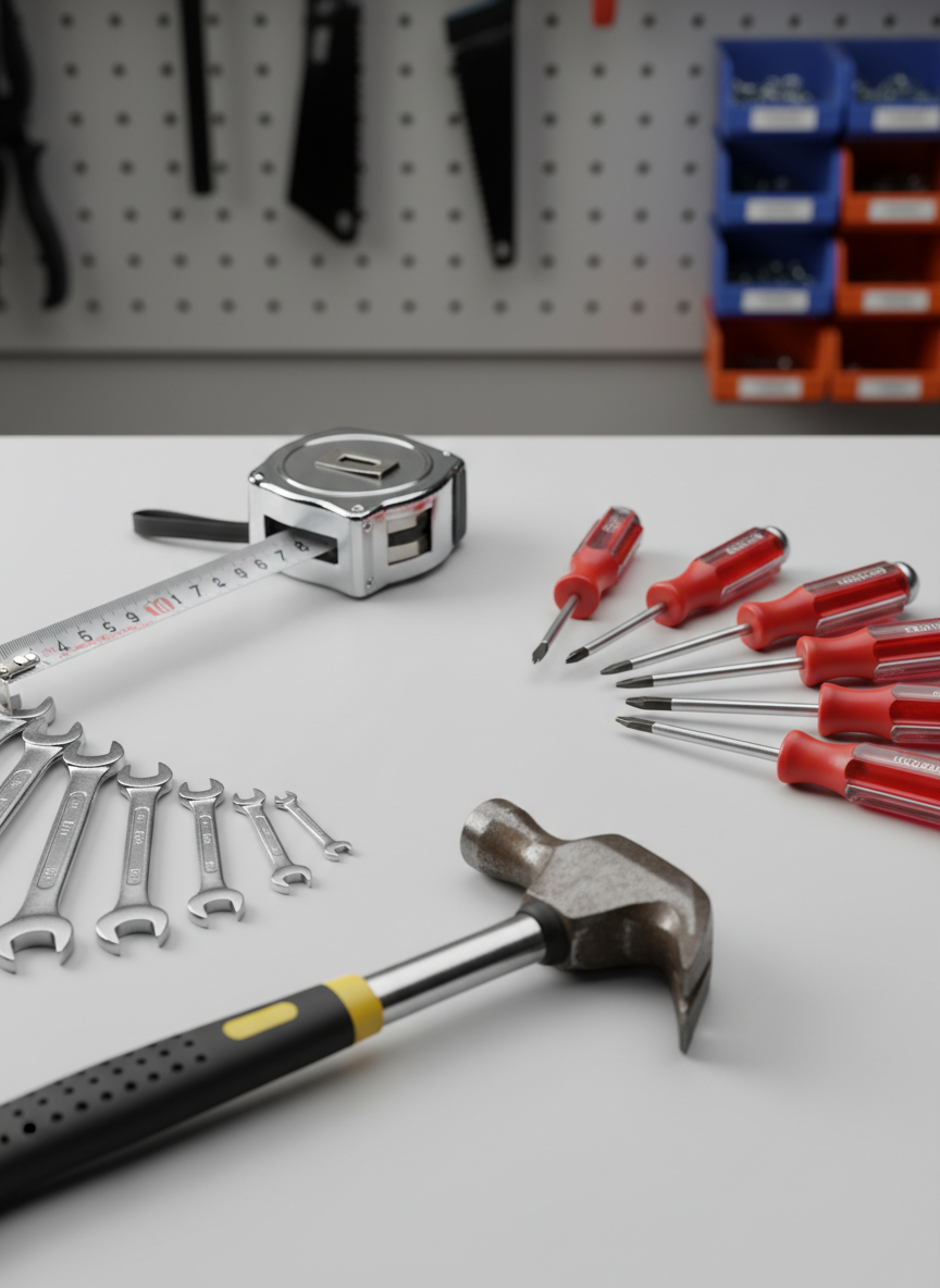 A neatly arranged collection of well-used handyman tools laid out on a clean, light gray workbench. A steel hammer with a rubberized black and yellow handle, a red-handled screwdriver set, an aluminum tape measure extended partway, and an assortment of silver wrenches form a precise, organized pattern. In the background, a blurred pegboard wall displays neatly hung tools and labeled storage bins. Soft, even studio lighting creates gentle reflections on the metal surfaces and subtle shadows beneath each object. Shot from a slightly elevated, eye-level angle with moderate depth of field, the composition feels professional, trustworthy, and efficient. Photographic realism with a clean, modern aesthetic reinforces a reliable, fix-it-all handyman brand.