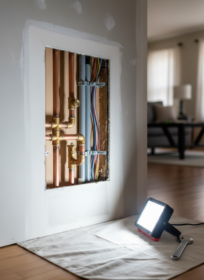 An organized interior repair scene featuring an open wall access panel revealing neatly aligned copper plumbing pipes and secured electrical conduits. The surrounding drywall is freshly patched and smoothly sanded, ready for paint, with no rough edges or dust. A small, bright LED work light on the floor casts clear, focused illumination into the opening, creating controlled highlights on the metal pipes and crisp shadows that define the space. The adjacent floor is protected by a clean, heavy-duty canvas drop cloth. Shot from a close, slightly angled perspective with sharp focus on the repair area and a softly blurred room beyond, the image feels precise, technical, and highly competent. Photographic realism with a professional, problem-solving atmosphere underscores “fix it all” expertise.