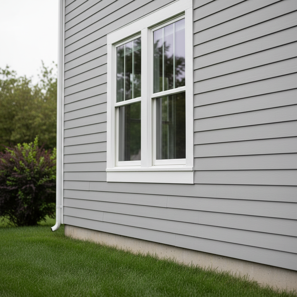 A perfectly repaired exterior house corner where fresh, smooth siding in a muted light gray seamlessly blends with existing panels. New white trim boards frame a well-sealed window with clear glass and neatly applied caulking lines. The base of the wall meets a clean concrete foundation with no visible cracks. Overcast daylight creates soft, even lighting, minimizing harsh shadows and revealing the precision of the work. Captured from a slightly low, angled perspective, the composition leads the eye along the wall, emphasizing continuity and craftsmanship. The front yard’s green lawn and a blurred hint of a shrub provide subtle color contrast in the background. Photographic realism with a calm, professional mood highlights durable, worry-free exterior handyman repairs.